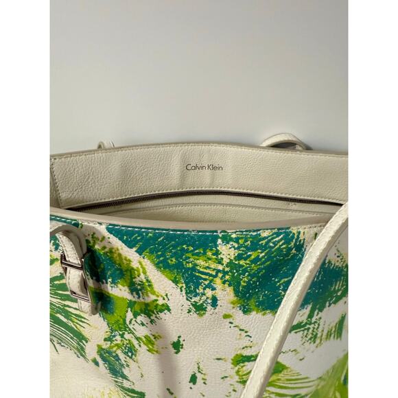 Calvin Klein Tote Green White Tropical Leaves Shoulder Bag Zipper Closure - Picture 3 of 7